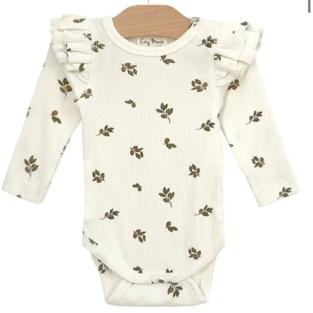 City Mouse cotton ribbed 3-6 month flutter onesie in olive tree